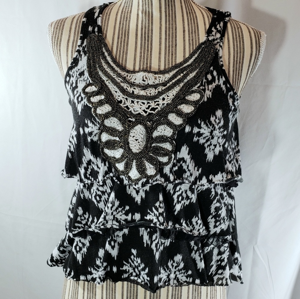 Bongo BOHO Tiered/Layered Black & White w/Gold Metallic Tank Size Small